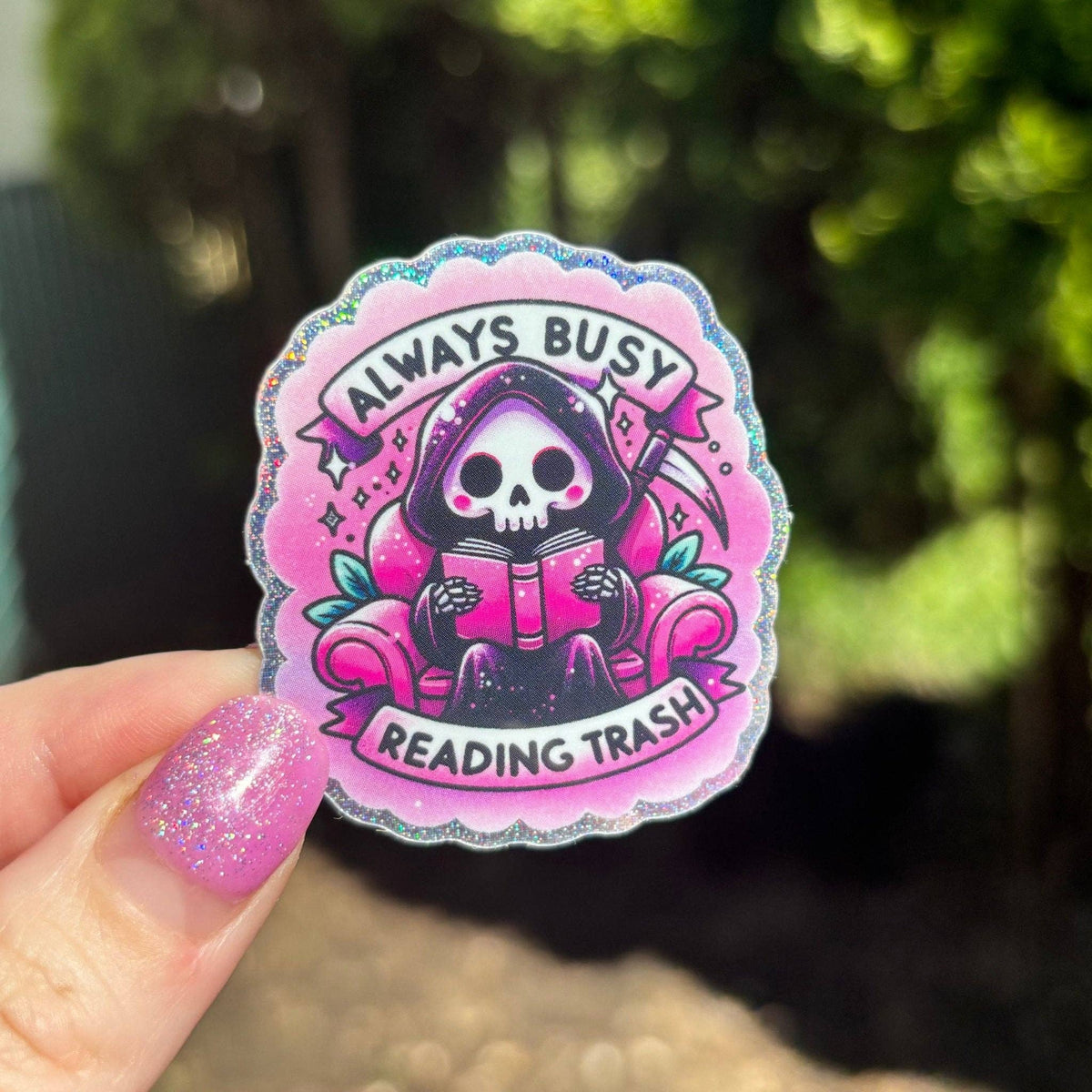 Always Busy Reading Trash Spooky Glitter Sticker