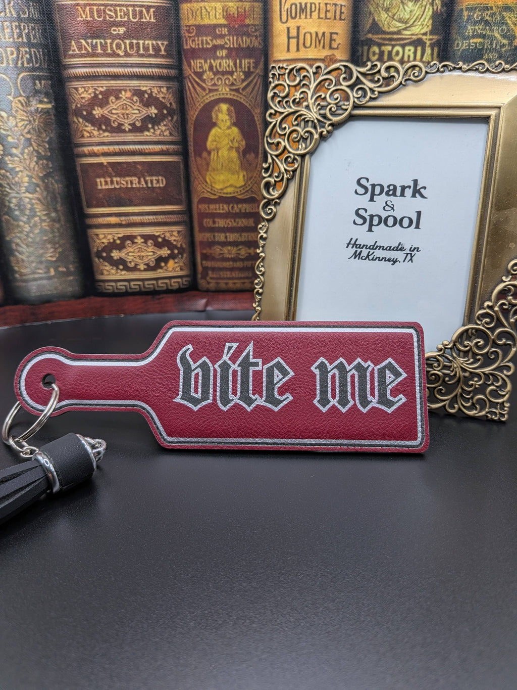 Bite Me Bookish Paddle Faux Leather Bookmark & Keychain